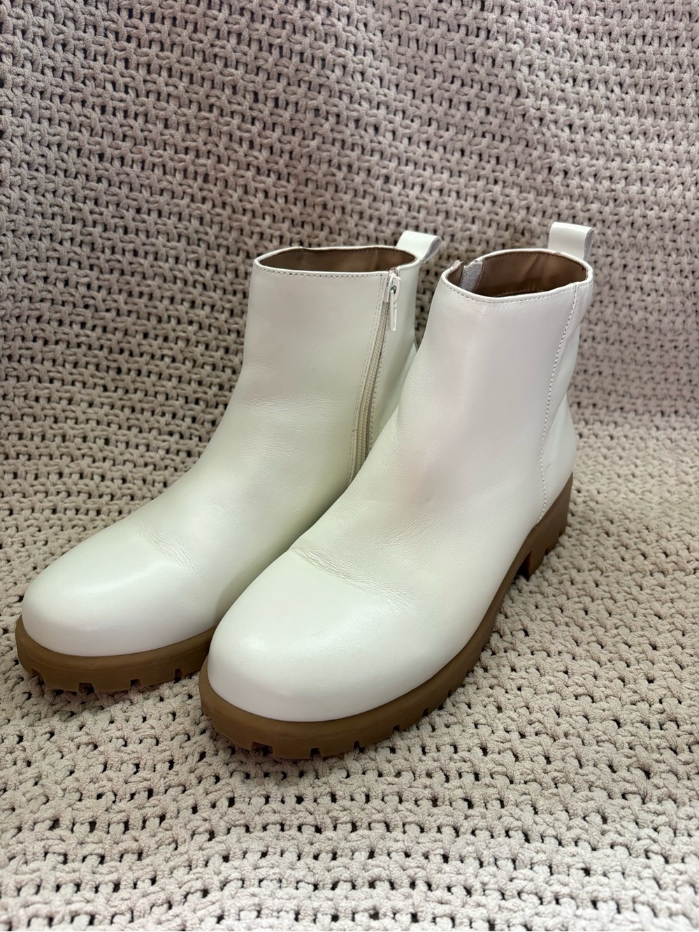 Lands' End White Chelsea Ankle Boots with Tan Sole